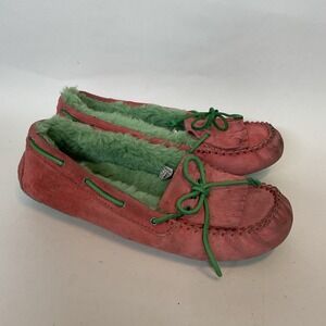 Ugg Slippers Size 7 Green Pink  Suede Leather Wool Lined  Moccasins Shoes Ansley